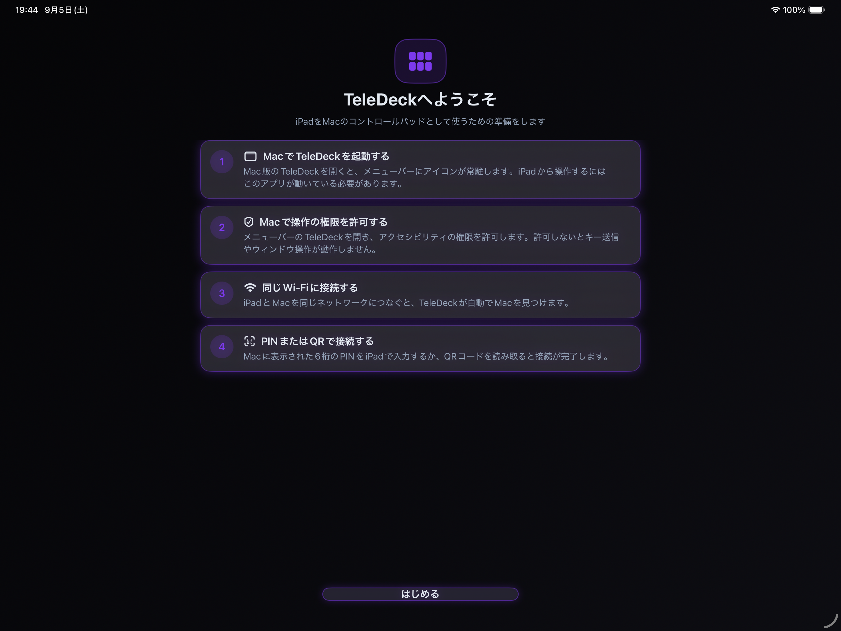 TeleDeckのMac接続手順を案内するiPad画面